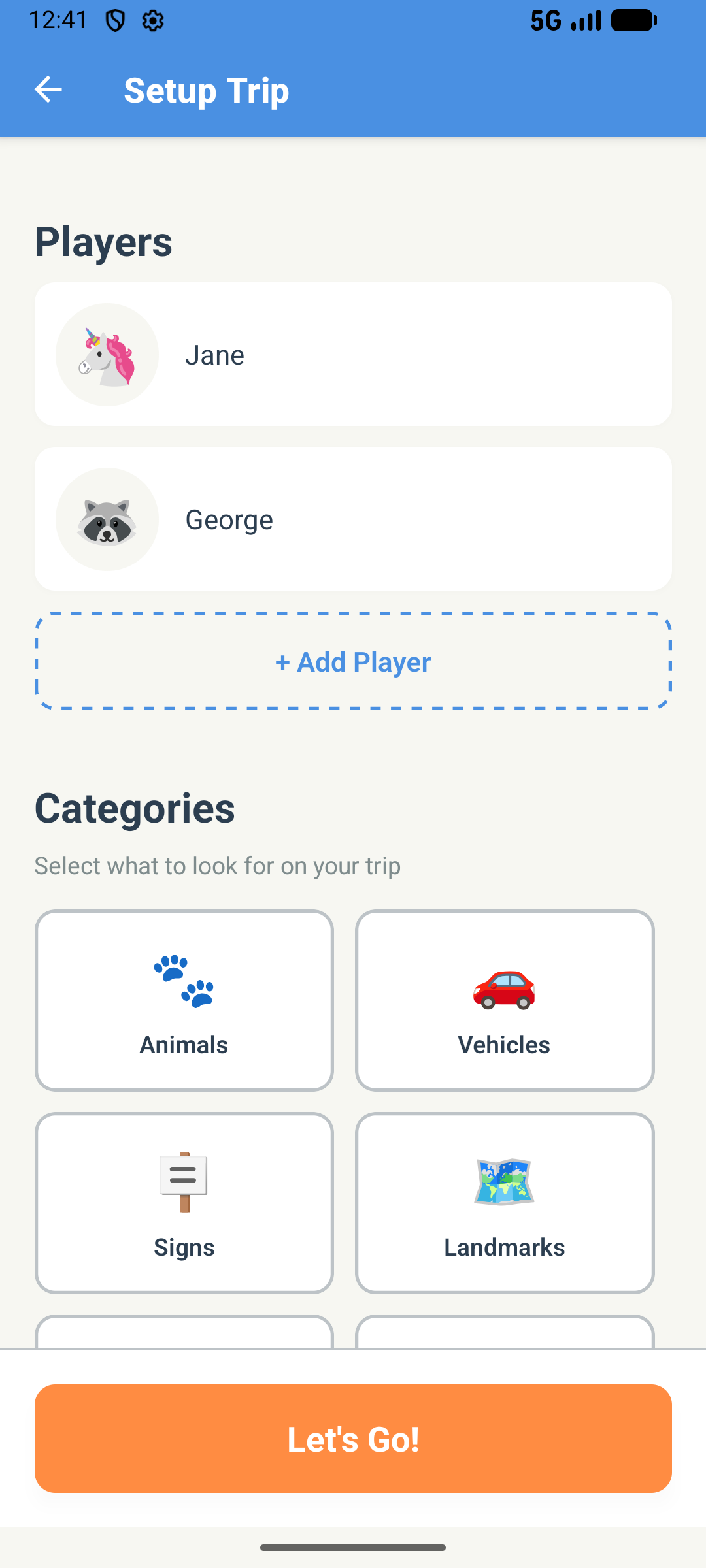 Setup your trip with players and categories